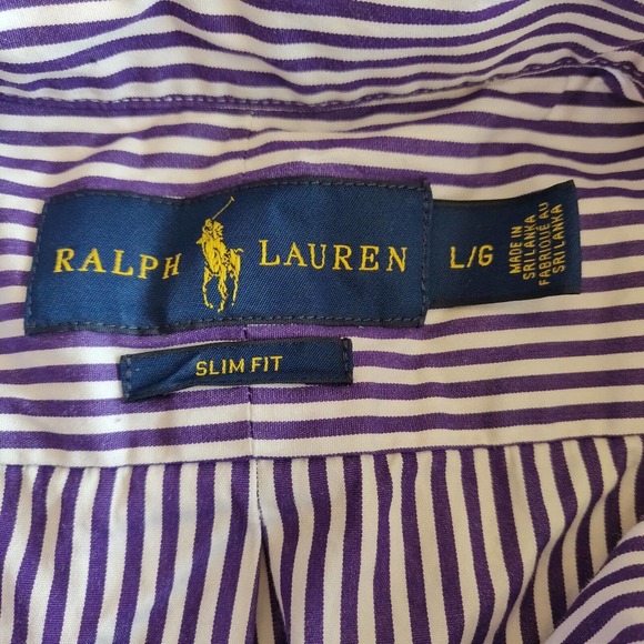 Ralph Lauren Men Button Up Shirt Purple White Stripe Sz L Long Sleeve Slim Fit - Picture 5 of 6